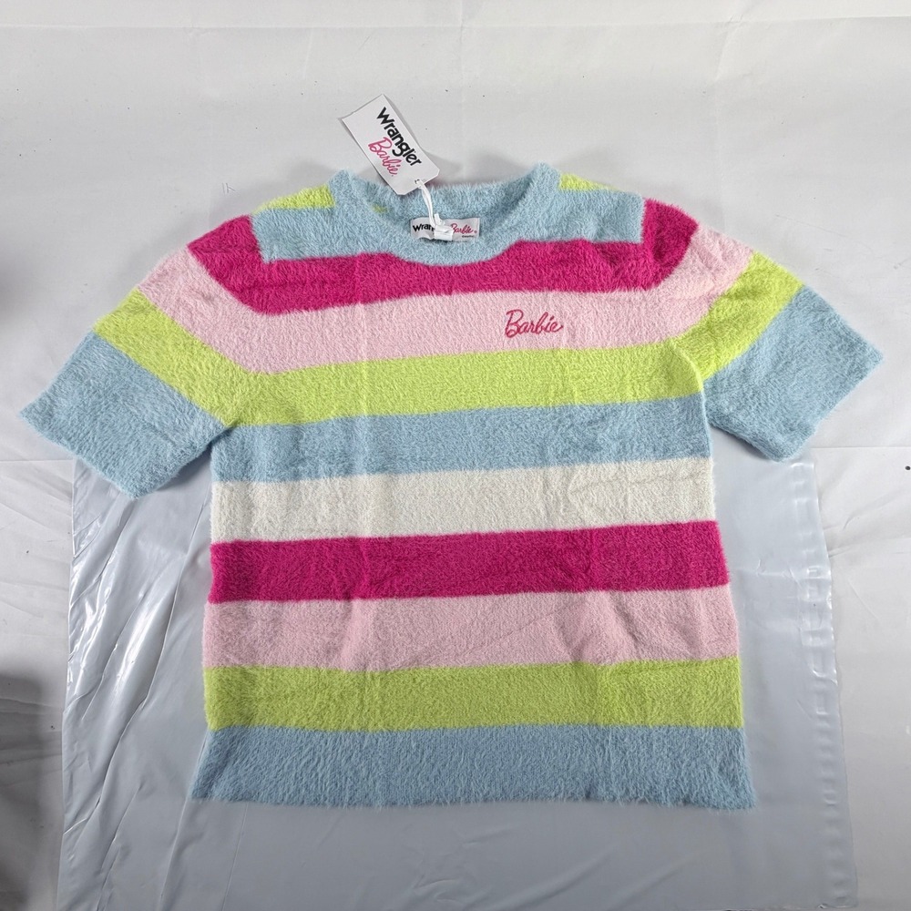 Wrangler x Barbie Girls Fuzzy Striped Sweater Short Sleeve Crew Neck Size XL NWT